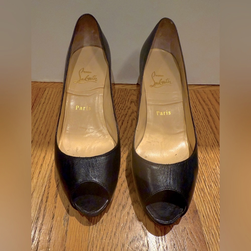 Christian Louboutin Black Leather Peep Toe Heels 37 - Picture 2 of 7